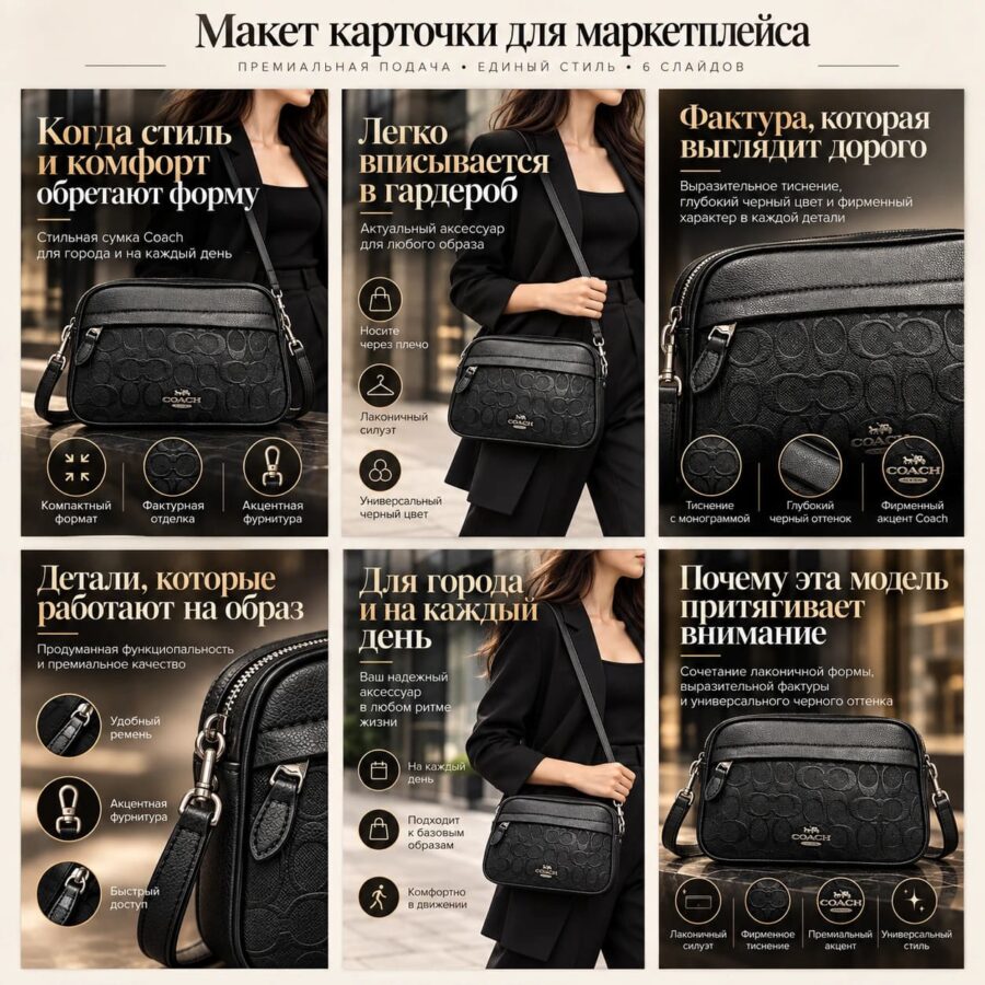 Дизайн карточек чёрной сумки Coach