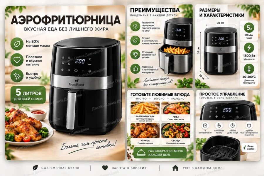 Инфографика аэрогриля GoodFood объёмом 5 литров