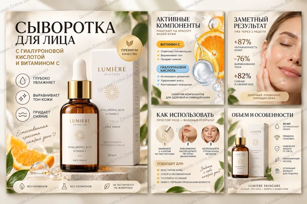Карточки сыворотки для лица с гиалуроновой кислотой и витамином C