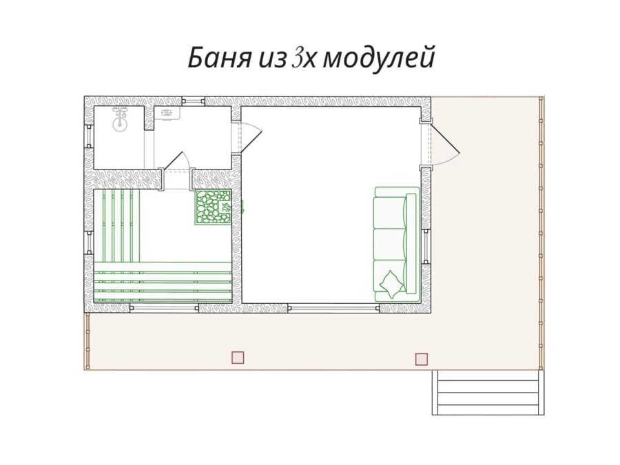 Планировка бани из трёх модулей с террасой
